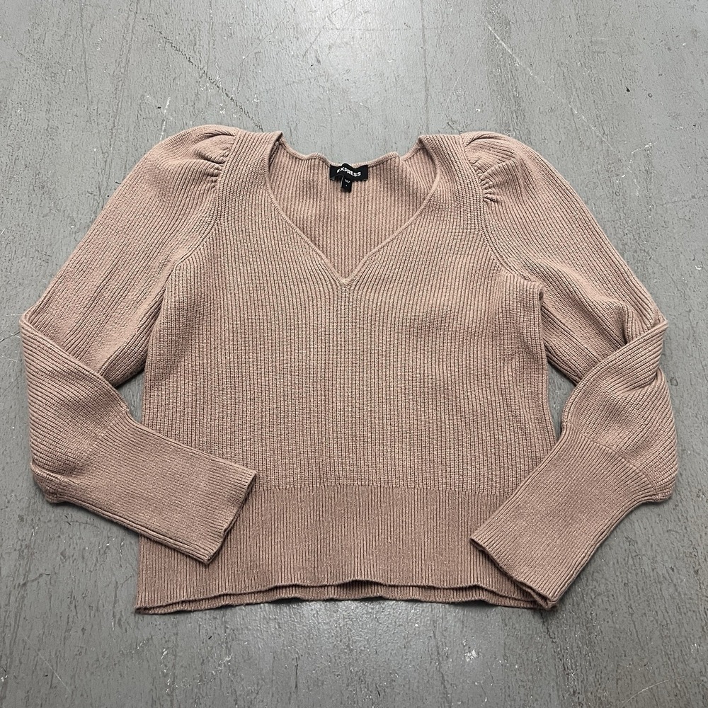 Express Women's L Ribbed Puff-Shoulder V-Neck Sweater Top in Taupe Knit‎